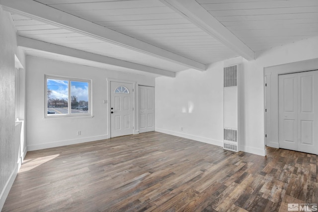 interior space featuring beam ceiling, wood ceiling, wood finished floors, and baseboards