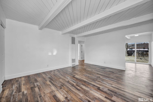 unfurnished living room with dark wood finished floors, beamed ceiling, visible vents, and baseboards