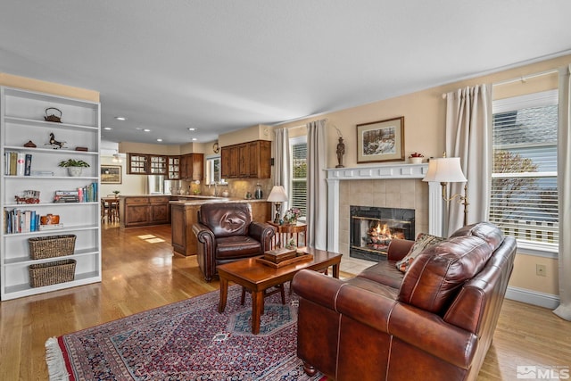 living room featuring light wood-type flooring, baseboards, and a fireplace