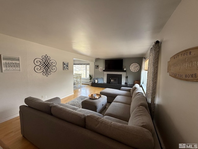 living area with a fireplace with raised hearth and wood finished floors