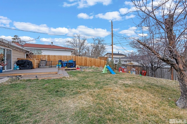 view of yard featuring a wooden deck and a fenced backyard