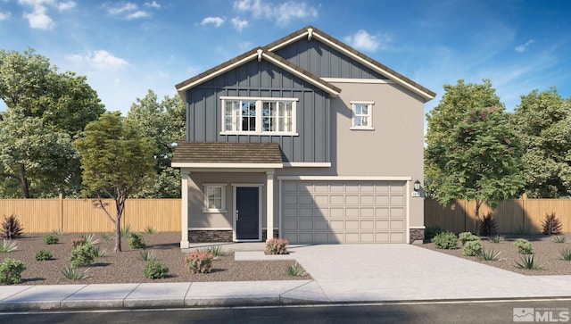 view of front facade featuring a tile roof, fence, board and batten siding, concrete driveway, and an attached garage