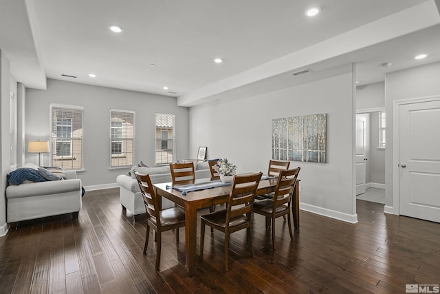 dining room featuring recessed lighting, baseboards, and wood-type flooring