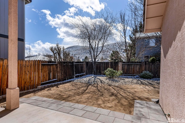 view of yard featuring a patio area, a mountain view, and a fenced backyard