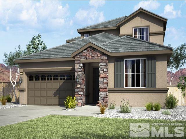 view of front facade with concrete driveway, a garage, stone siding, and stucco siding