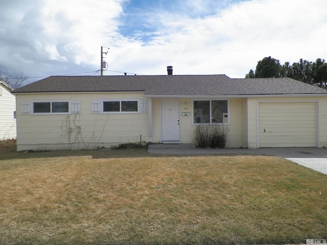 single story home with a garage, a front yard, driveway, and a shingled roof