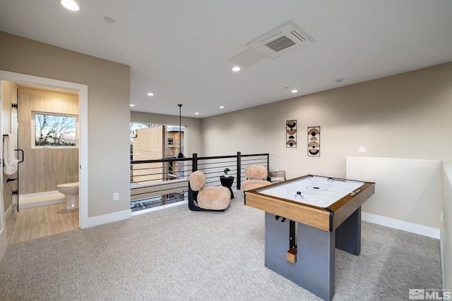 recreation room featuring visible vents, carpet flooring, recessed lighting, and baseboards