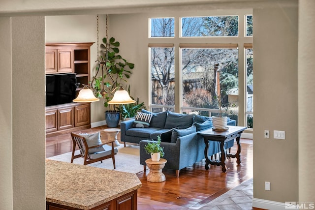 living area featuring baseboards and light wood-style floors