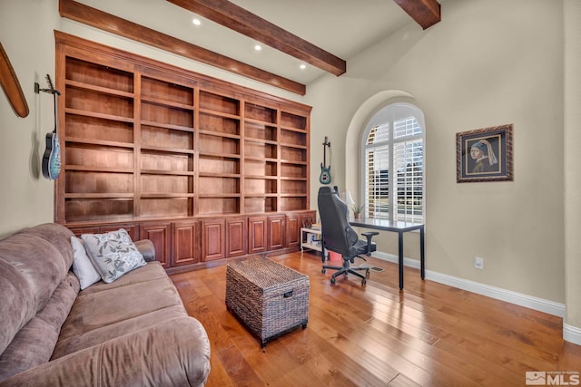 home office featuring hardwood / wood-style flooring, recessed lighting, baseboards, and beam ceiling