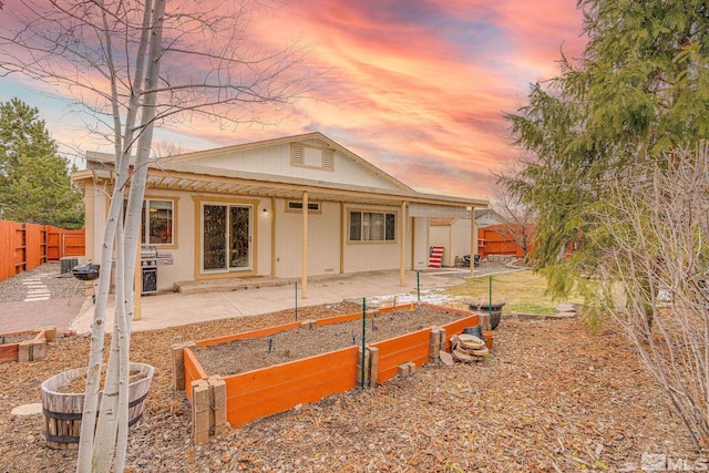 back of house featuring a patio, a vegetable garden, and a fenced backyard