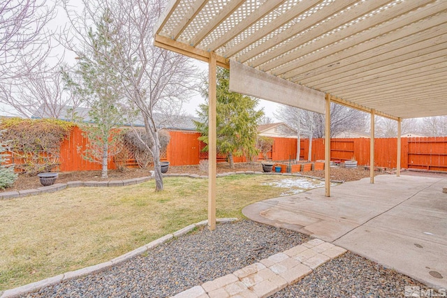 view of yard with a patio, a pergola, and a fenced backyard