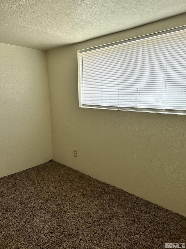 unfurnished room featuring a textured ceiling, carpet flooring, and a textured wall