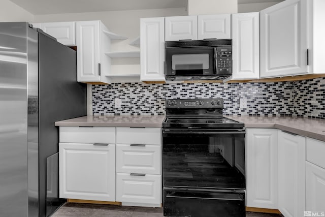 kitchen with decorative backsplash, black appliances, light countertops, and open shelves