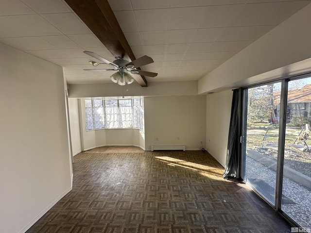 empty room featuring a baseboard radiator, baseboards, beamed ceiling, and ceiling fan