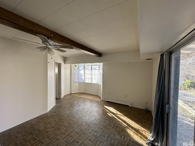 unfurnished room with baseboard heating, beamed ceiling, baseboards, and a ceiling fan