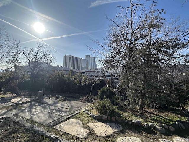 view of yard featuring a view of city