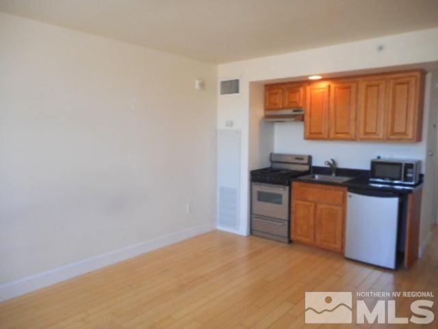 kitchen with under cabinet range hood, a sink, light wood-type flooring, baseboards, and appliances with stainless steel finishes