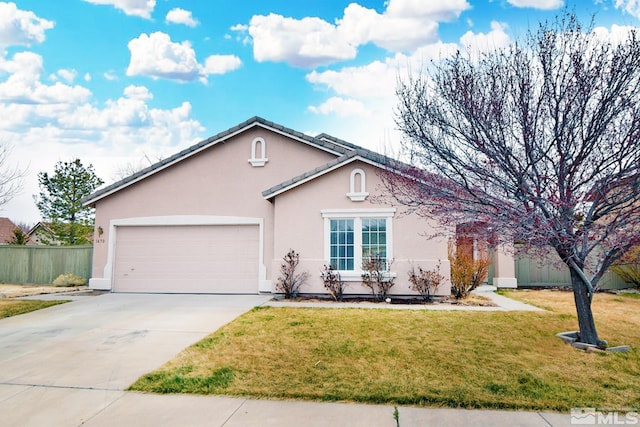 ranch-style house with fence, a garage, concrete driveway, a front lawn, and stucco siding