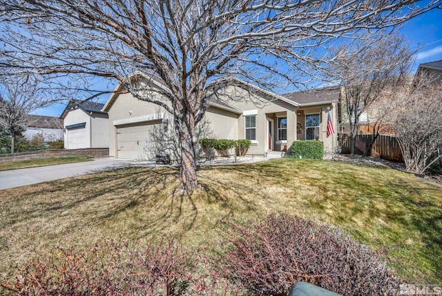ranch-style house featuring concrete driveway, stucco siding, fence, and a front lawn