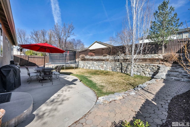 view of yard with a fenced backyard, outdoor dining space, a patio area, and a trampoline