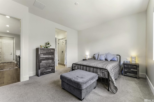 bedroom featuring recessed lighting, connected bathroom, carpet, and baseboards