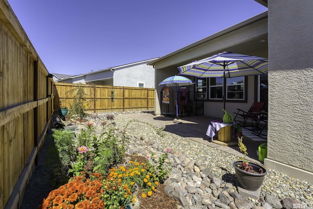 view of yard with a patio area and a fenced backyard
