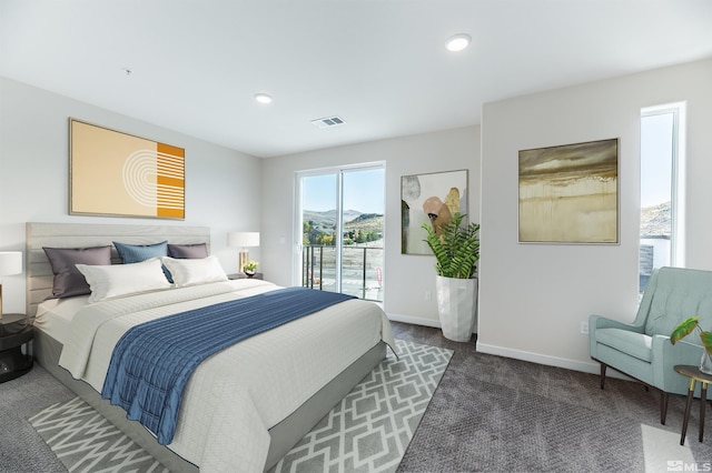 bedroom featuring dark colored carpet, recessed lighting, baseboards, access to exterior, and visible vents