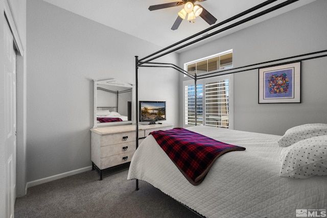 carpeted bedroom featuring a ceiling fan and baseboards