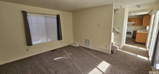 spare room featuring baseboards, visible vents, a sink, and dark colored carpet