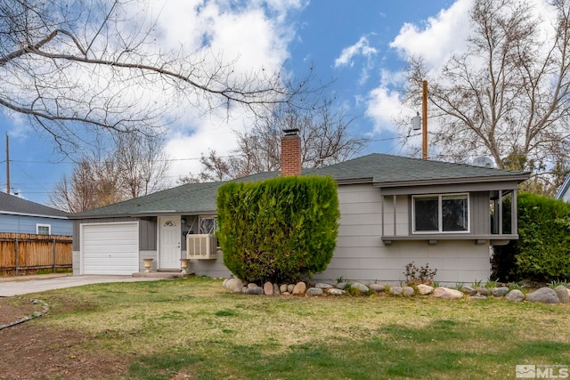 view of front of home featuring fence, an attached garage, a chimney, concrete driveway, and a front yard