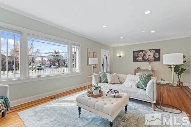 living room featuring baseboards, plenty of natural light, and wood finished floors