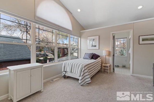 bedroom with visible vents, baseboards, recessed lighting, light carpet, and lofted ceiling