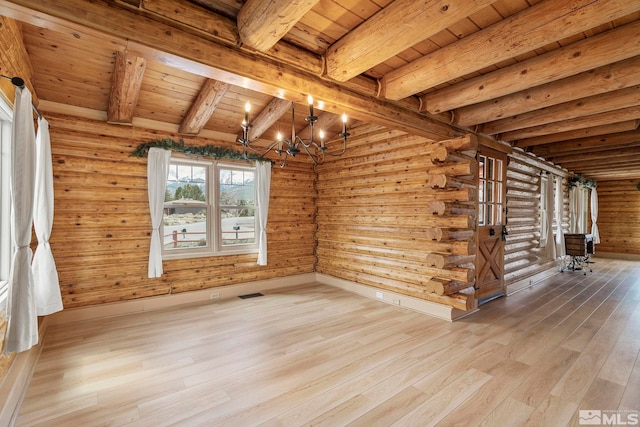 unfurnished room with an inviting chandelier, rustic walls, beam ceiling, wooden ceiling, and wood finished floors