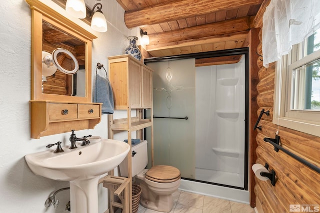 bathroom with a shower stall, wooden ceiling, beam ceiling, and toilet