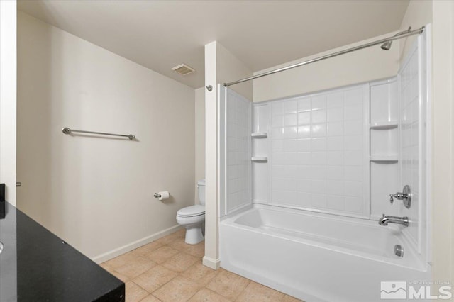 bathroom featuring shower / bathtub combination, visible vents, toilet, tile patterned floors, and baseboards