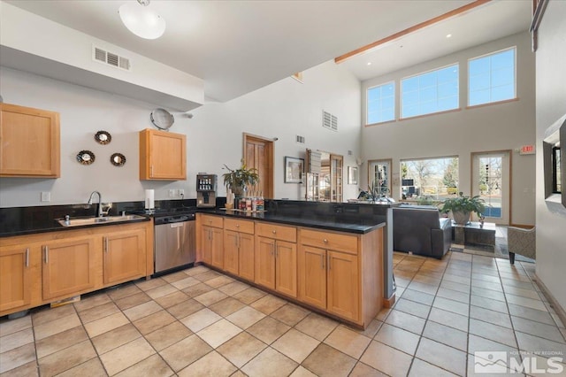 kitchen featuring a peninsula, visible vents, dishwasher, a sink, and open floor plan