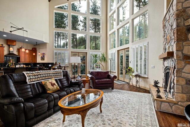 living area with baseboards, a high ceiling, a stone fireplace, a healthy amount of sunlight, and dark wood-type flooring