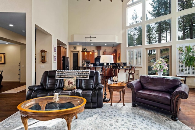 living room featuring a high ceiling, light wood finished floors, and plenty of natural light