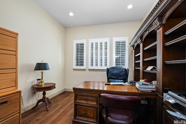 office space with baseboards, dark wood-style floors, and recessed lighting
