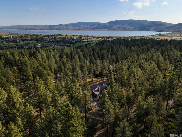 bird's eye view with a forest view and a water and mountain view