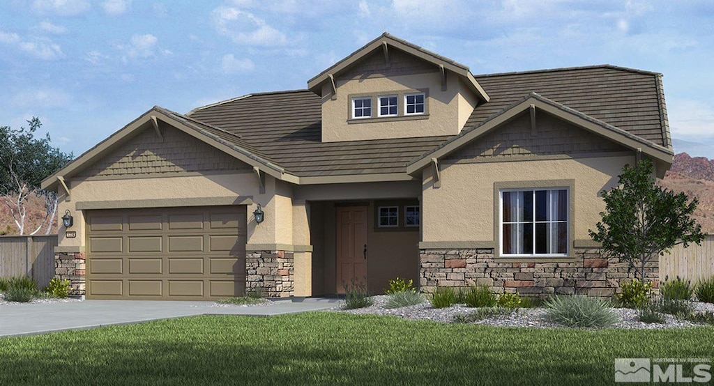 craftsman house with an attached garage, driveway, stucco siding, and stone siding