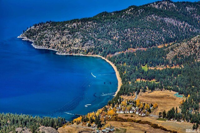 bird's eye view with a wooded view and a water and mountain view