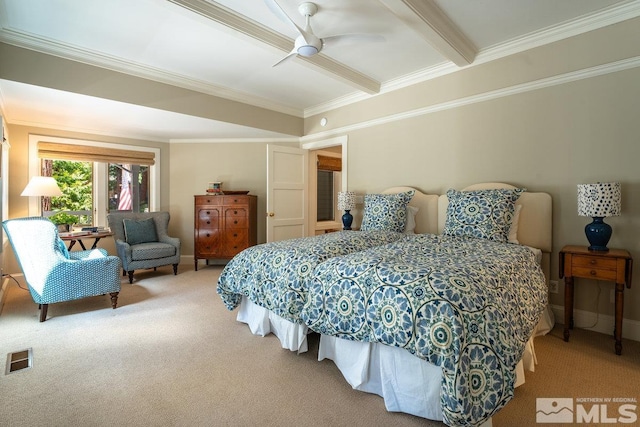 bedroom featuring light colored carpet, ceiling fan, ornamental molding, and visible vents
