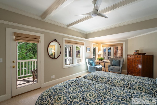 carpeted bedroom featuring baseboards, ornamental molding, a ceiling fan, beamed ceiling, and access to outside