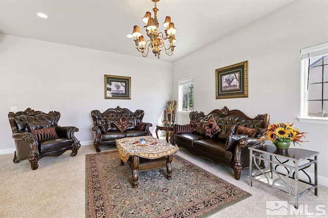 living area with recessed lighting, carpet, baseboards, and an inviting chandelier