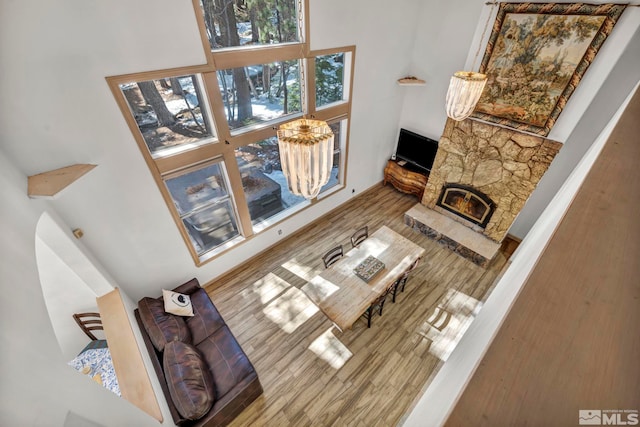 living room featuring a stone fireplace, a high ceiling, and wood finished floors