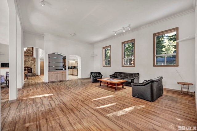 living room with rail lighting, arched walkways, light wood-style floors, and crown molding