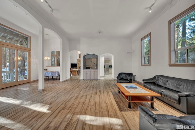 living area featuring crown molding, rail lighting, arched walkways, light wood-type flooring, and baseboards