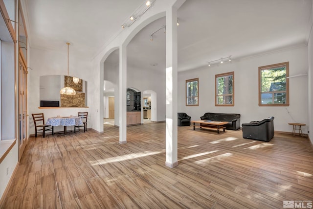living room with arched walkways, wood finished floors, crown molding, and track lighting