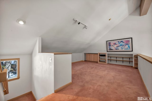 additional living space featuring light carpet, baseboards, and lofted ceiling